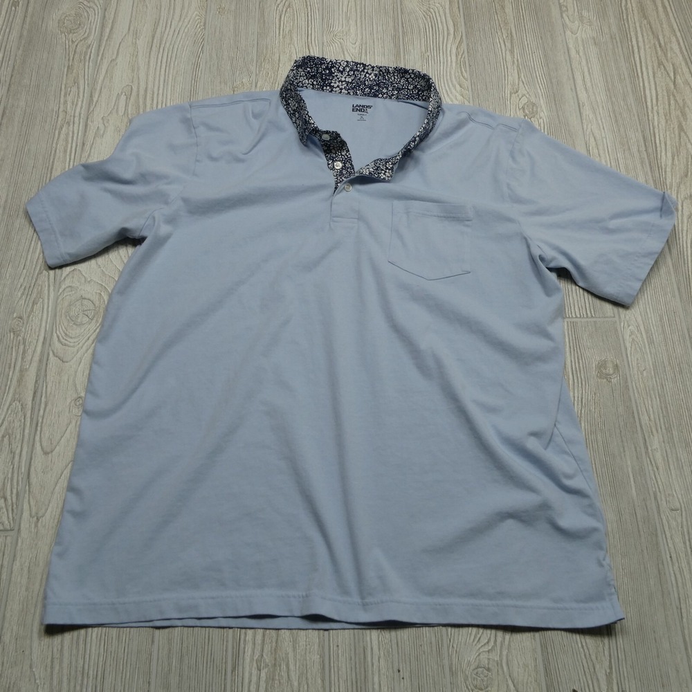 Lands End Shirt Adult XL Blue Floral Collar Short Sleeve Cotton Super T Polo